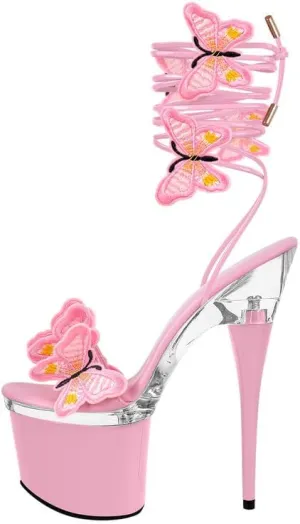 richealnini Sparkly Butterfly Strappy Platform Heel for Women Lace Up Stiletto Heels Open Toe Sandals