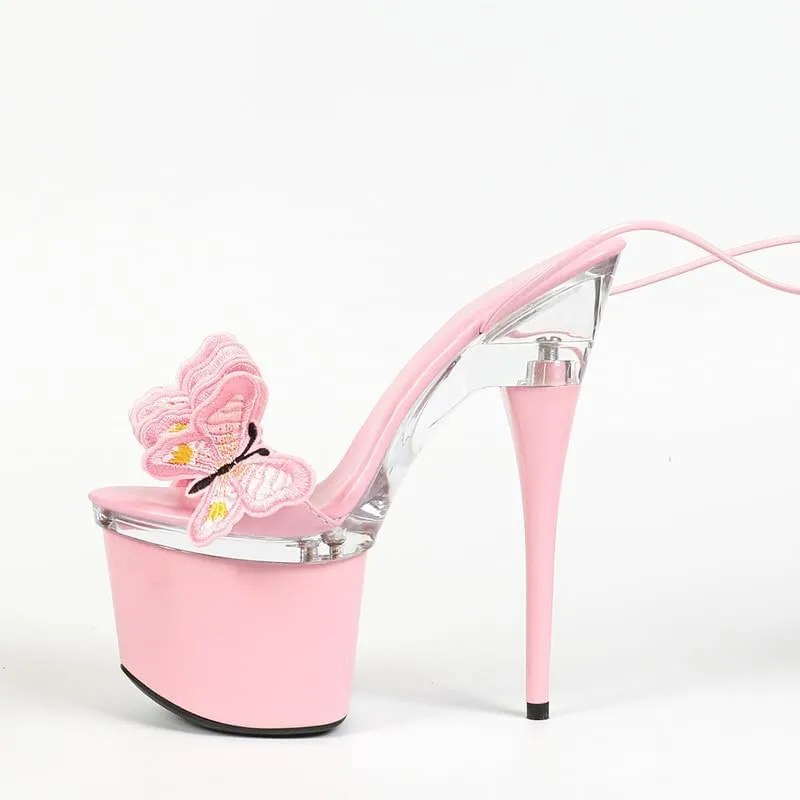 richealnini Sparkly Butterfly Strappy Platform Heel for Women Lace Up Stiletto Heels Open Toe Sandals