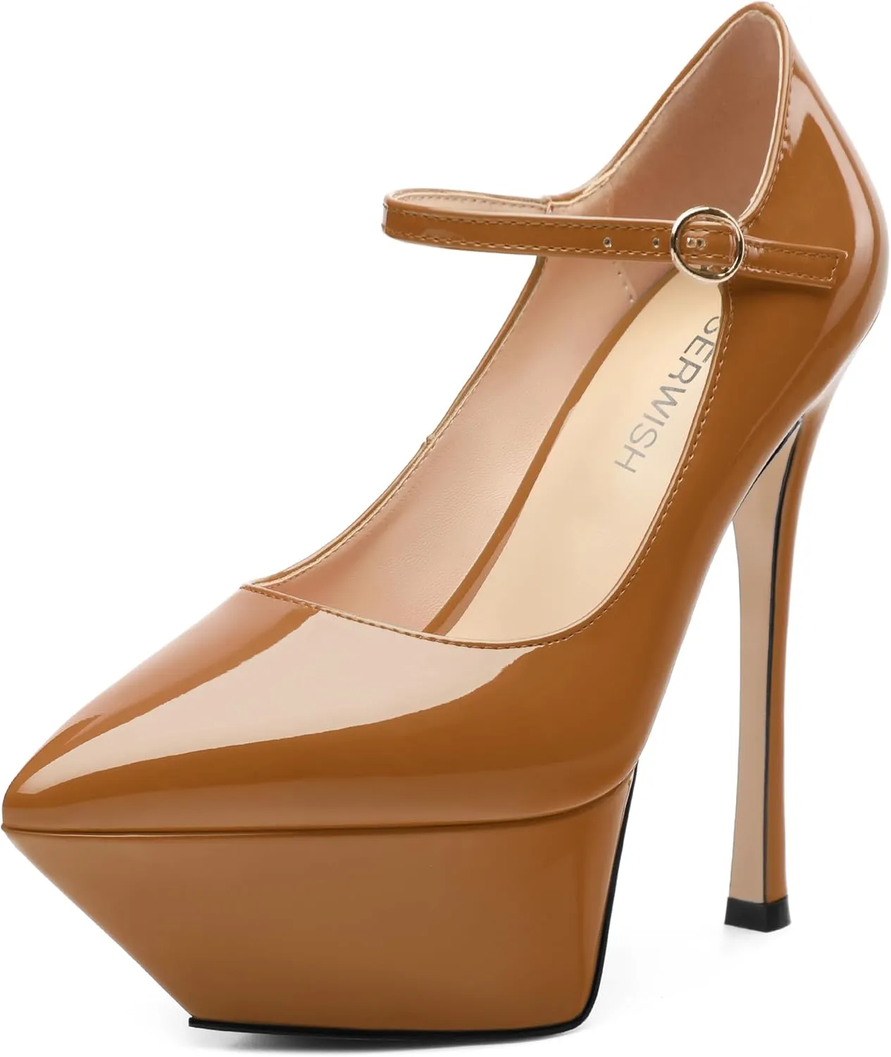 ROSERWISH Platform Heels for Women Pointed Toe Stiletto Pumps High Heels Closed Toe Ankle Strap Mary Janes Patent 6 Inch Wedding Party Nightclub Dress Shoes