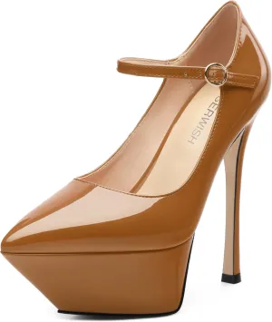 ROSERWISH Platform Heels for Women Pointed Toe Stiletto Pumps High Heels Closed Toe Ankle Strap Mary Janes Patent 6 Inch Wedding Party Nightclub Dress Shoes