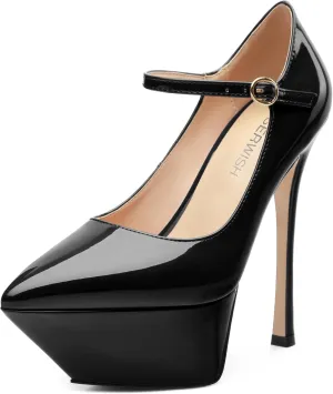 ROSERWISH Platform Heels for Women Pointed Toe Stiletto Pumps High Heels Closed Toe Ankle Strap Mary Janes Patent 6 Inch Wedding Party Nightclub Dress Shoes