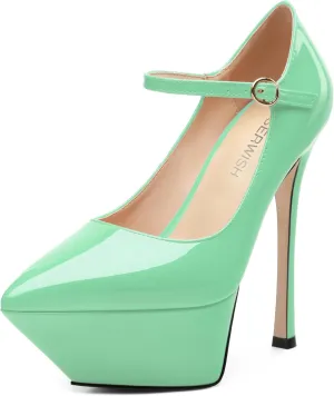 ROSERWISH Platform Heels for Women Pointed Toe Stiletto Pumps High Heels Closed Toe Ankle Strap Mary Janes Patent 6 Inch Wedding Party Nightclub Dress Shoes