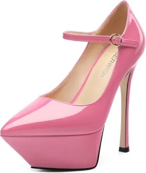 ROSERWISH Platform Heels for Women Pointed Toe Stiletto Pumps High Heels Closed Toe Ankle Strap Mary Janes Patent 6 Inch Wedding Party Nightclub Dress Shoes