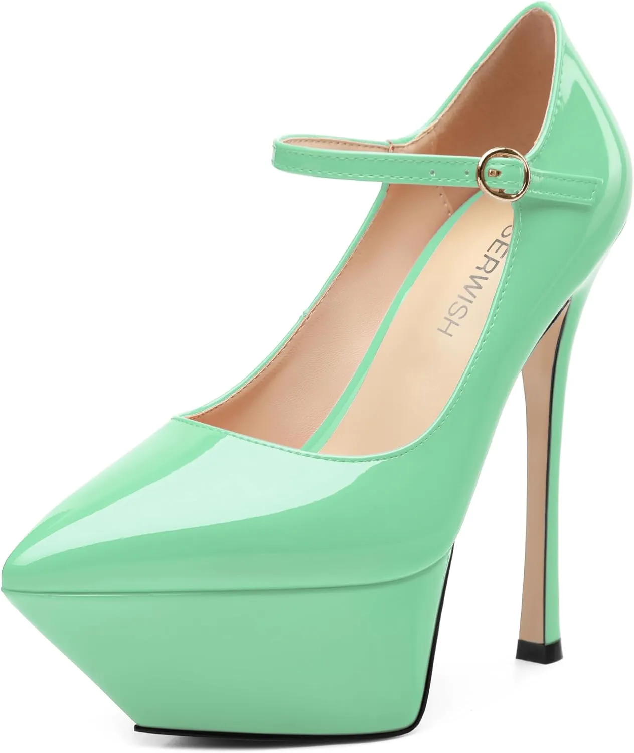 ROSERWISH Platform Heels for Women Pointed Toe Stiletto Pumps High Heels Closed Toe Ankle Strap Mary Janes Patent 6 Inch Wedding Party Nightclub Dress Shoes