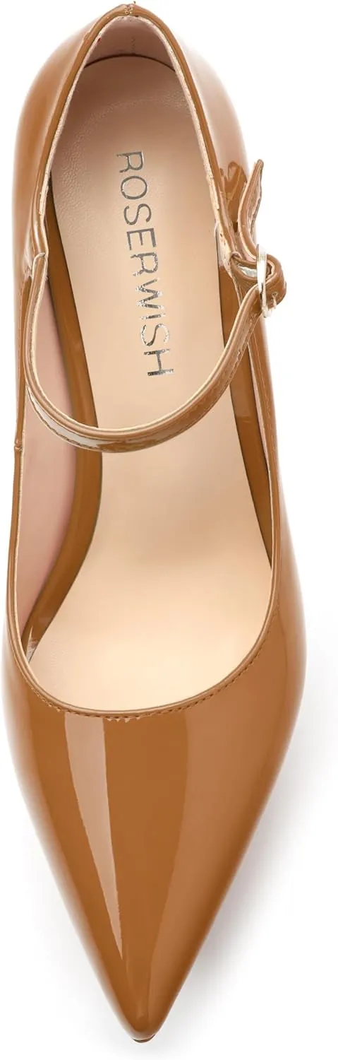 ROSERWISH Platform Heels for Women Pointed Toe Stiletto Pumps High Heels Closed Toe Ankle Strap Mary Janes Patent 6 Inch Wedding Party Nightclub Dress Shoes