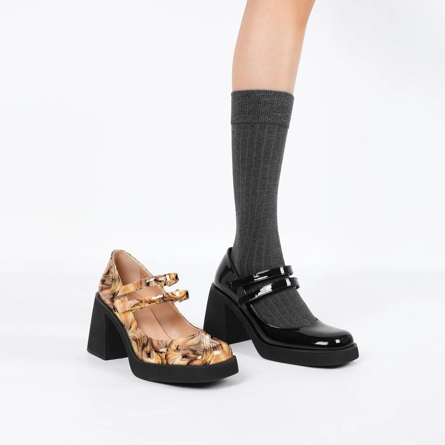 SAMMITOP Women's Platform Mary Jane Pumps Two Strap Square Toe Chunky Block High Heels Fashion Wedding Party Shoes 3.5 Inch
