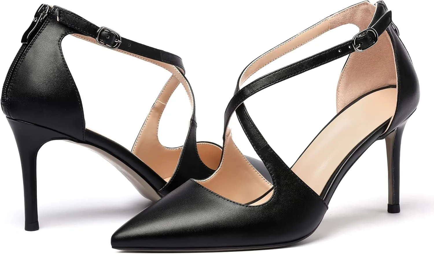 SAMMITOP Women's Pointed toe Cross Strappy Heels Ankle Strap Buckle Pumps Classic High Heels 3.34" for Wedding Dress Party