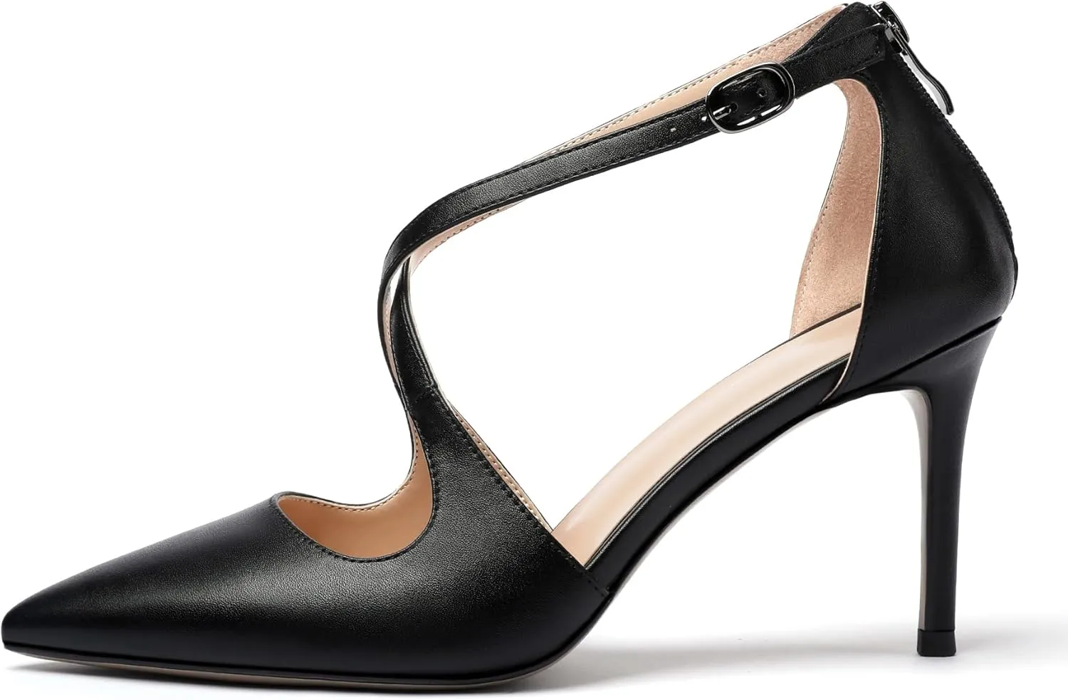SAMMITOP Women's Pointed toe Cross Strappy Heels Ankle Strap Buckle Pumps Classic High Heels 3.34" for Wedding Dress Party