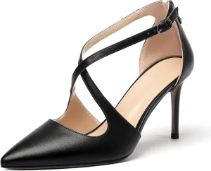 SAMMITOP Women's Pointed toe Cross Strappy Heels Ankle Strap Buckle Pumps Classic High Heels 3.34" for Wedding Dress Party