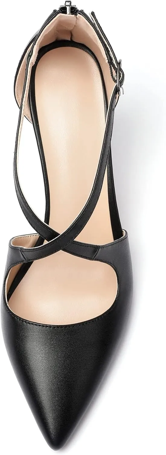 SAMMITOP Women's Pointed toe Cross Strappy Heels Ankle Strap Buckle Pumps Classic High Heels 3.34" for Wedding Dress Party