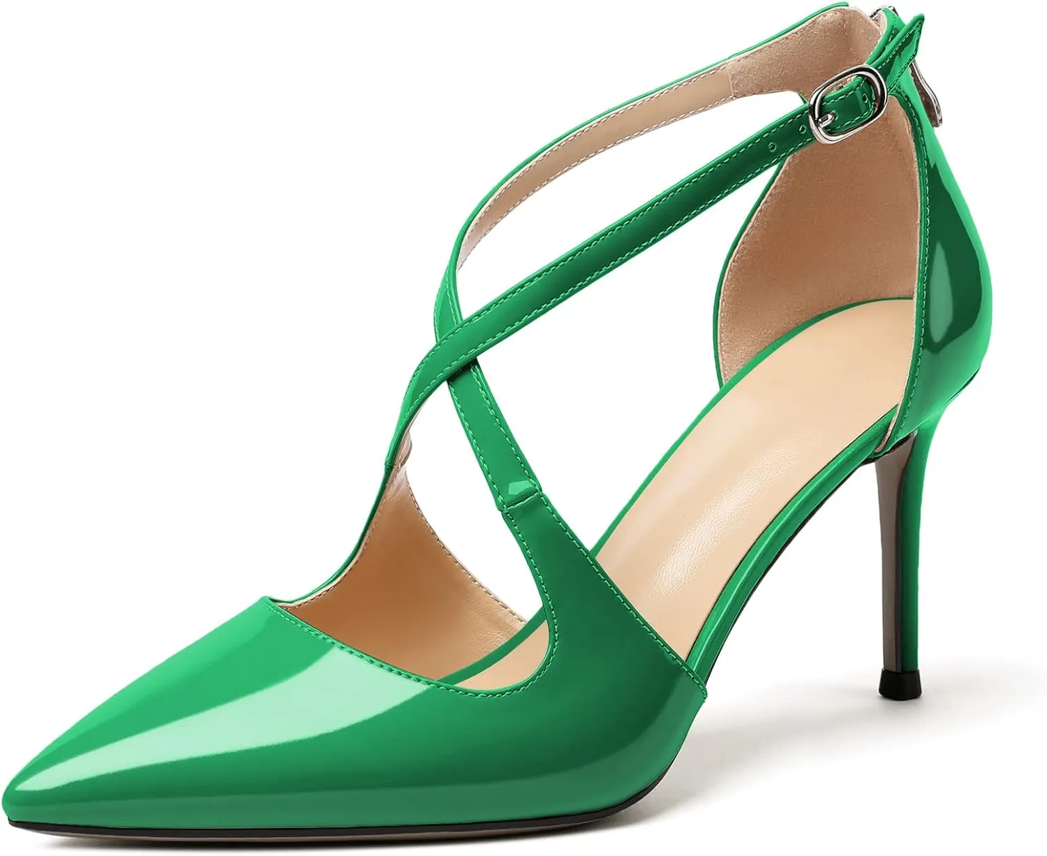 SAMMITOP Women's Pointed toe Cross Strappy Heels Ankle Strap Buckle Pumps Classic High Heels 3.34" for Wedding Dress Party