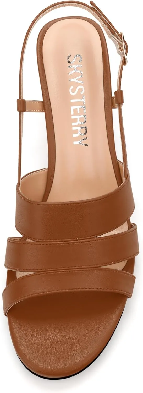 SKYSTERRY Low Kitten Strappy Slingback Heeled Sandals Open Round Toe Slip-On Ankle Buckle Matte Heels Trendy Shoes For Women Work Dress Dance Summer
