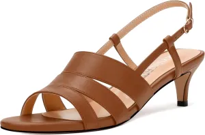 SKYSTERRY Low Kitten Strappy Slingback Heeled Sandals Open Round Toe Slip-On Ankle Buckle Matte Heels Trendy Shoes For Women Work Dress Dance Summer