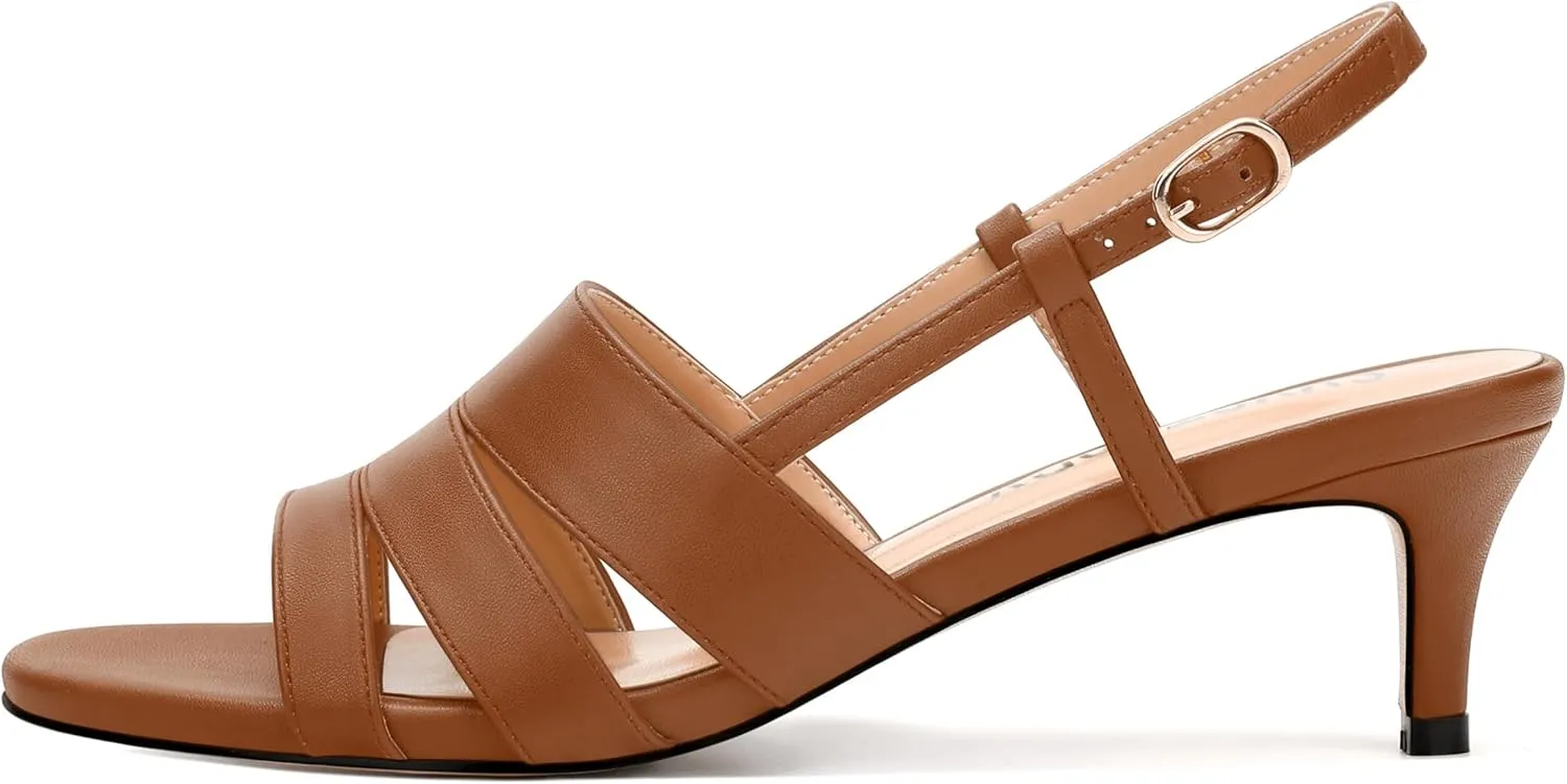 SKYSTERRY Low Kitten Strappy Slingback Heeled Sandals Open Round Toe Slip-On Ankle Buckle Matte Heels Trendy Shoes For Women Work Dress Dance Summer