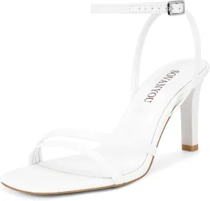 SOVANYOU Heeled Sandals for Women Dressy Square Open Toe Strappy High Heels with Ankle Strap for Wedding Party Daily Wear