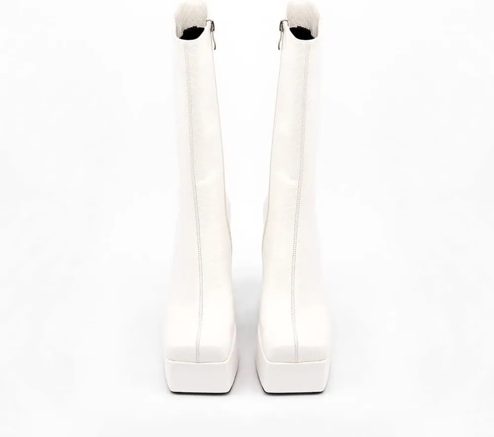 Spike Heels Platform Boots Snakeskin Heels Boots Chunky Heel Square Toe Boots