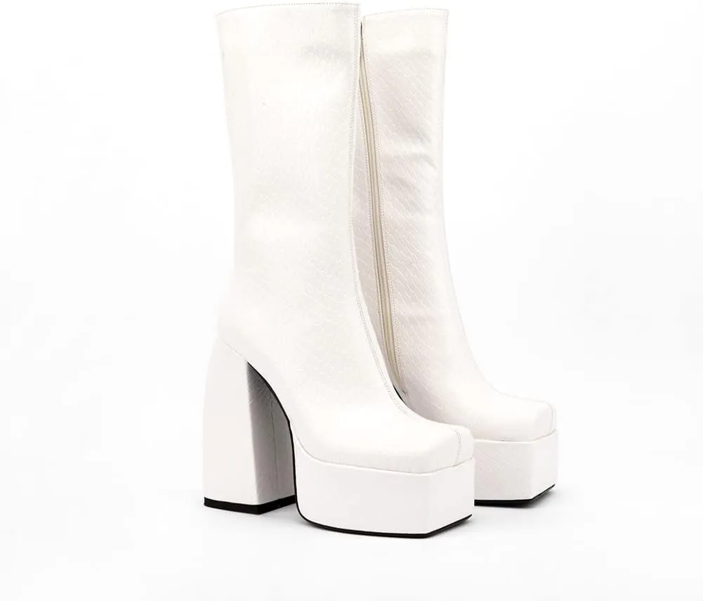 Spike Heels Platform Boots Snakeskin Heels Boots Chunky Heel Square Toe Boots