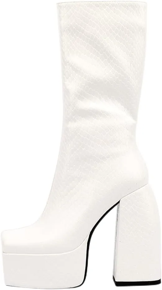 Spike Heels Platform Boots Snakeskin Heels Boots Chunky Heel Square Toe Boots