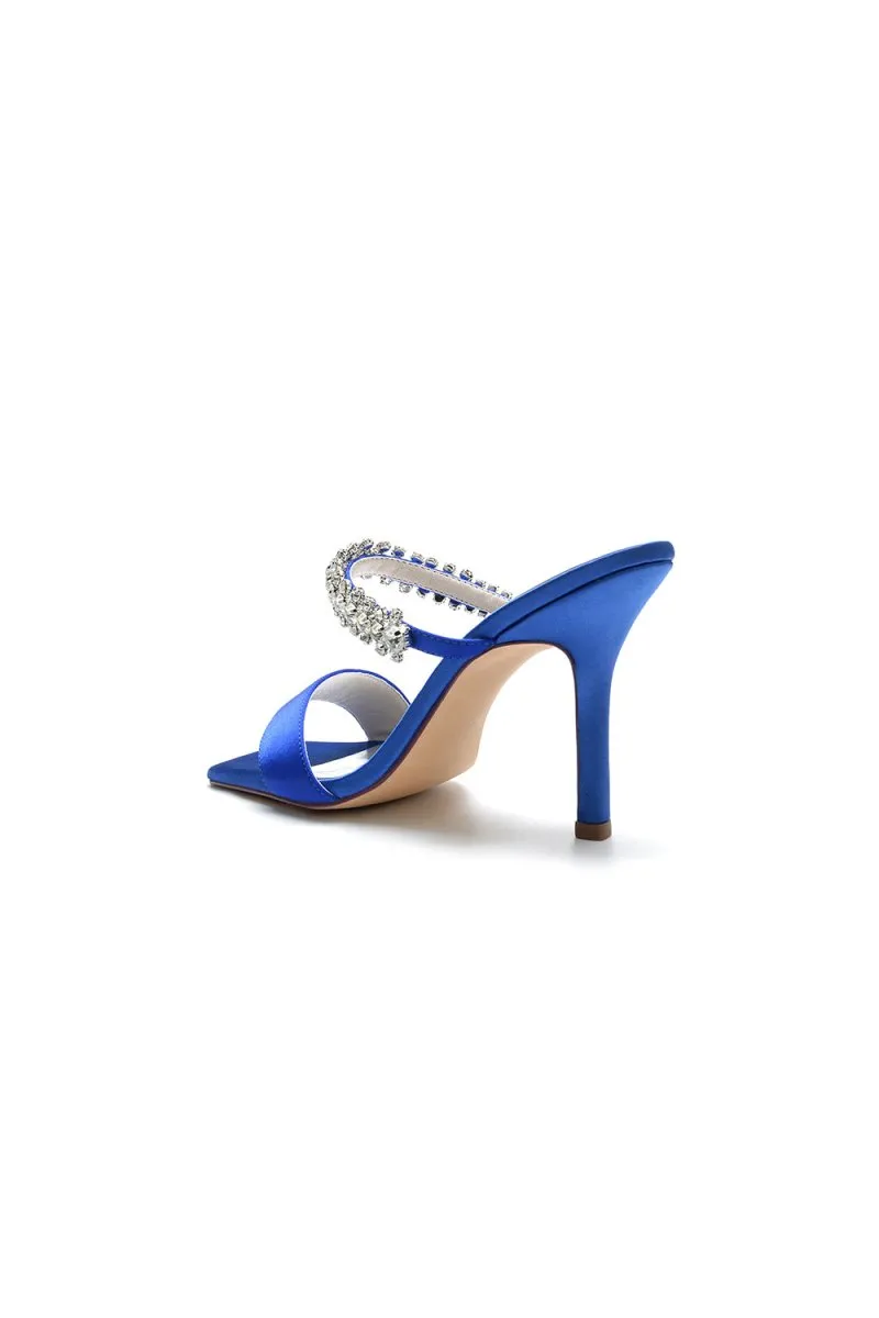 Square Open Toe Rhinestone Strappy Satin Stiletto Heels