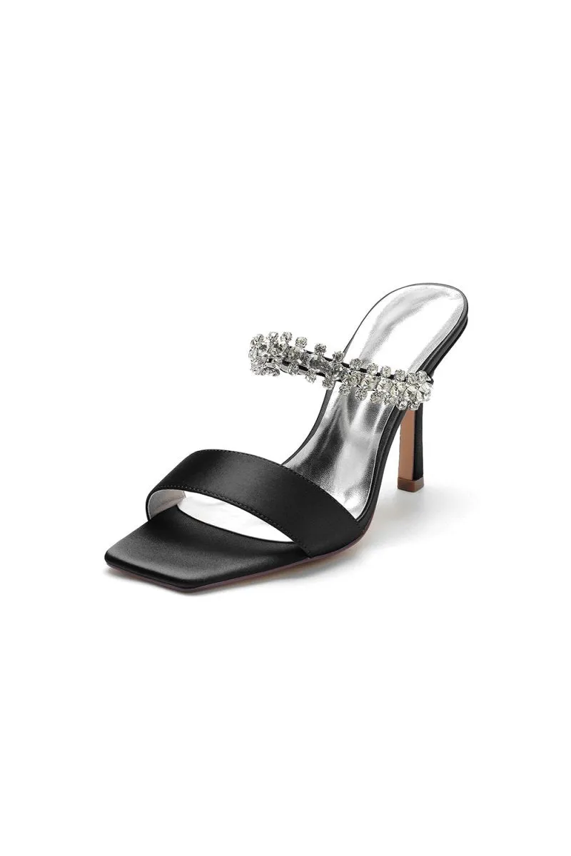 Square Open Toe Rhinestone Strappy Satin Stiletto Heels
