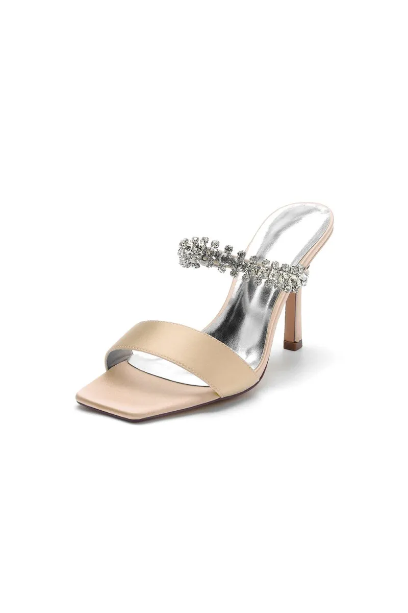 Square Open Toe Rhinestone Strappy Satin Stiletto Heels