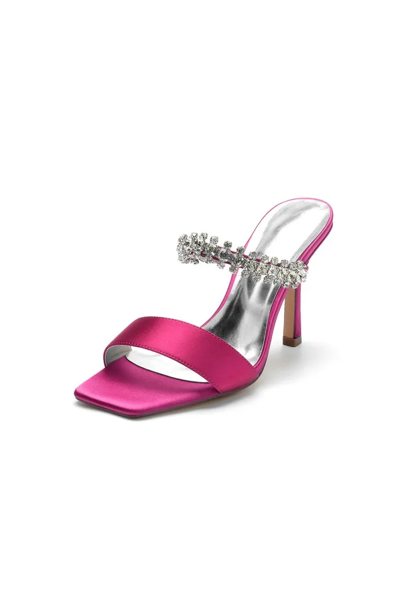 Square Open Toe Rhinestone Strappy Satin Stiletto Heels