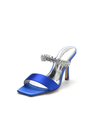 Square Open Toe Rhinestone Strappy Satin Stiletto Heels