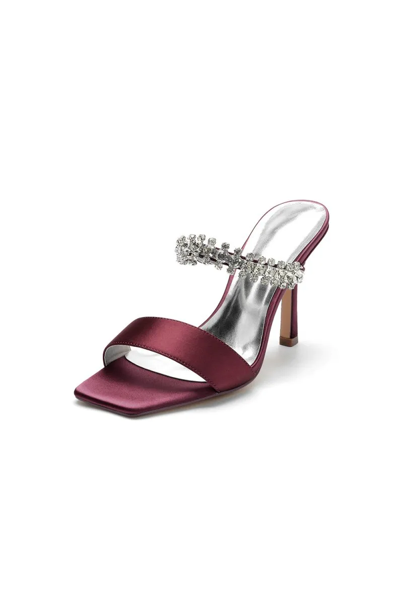 Square Open Toe Rhinestone Strappy Satin Stiletto Heels