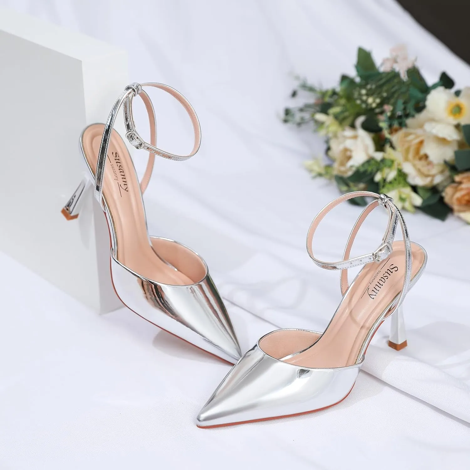 Susanny Heels for Women Stiletto Closed Pointed Toe Backless Dress Shoes High Heels Sexy Kitten Pumps Wedding Guest Party Dance Prom Dressy Comfort Shoes