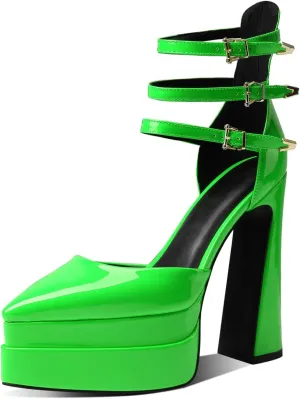 THESHY Womens Platform Chunky Heels Ankle Strap Chunky Block High Heel Pointed Toe Fashion Buckles Dress Pumps