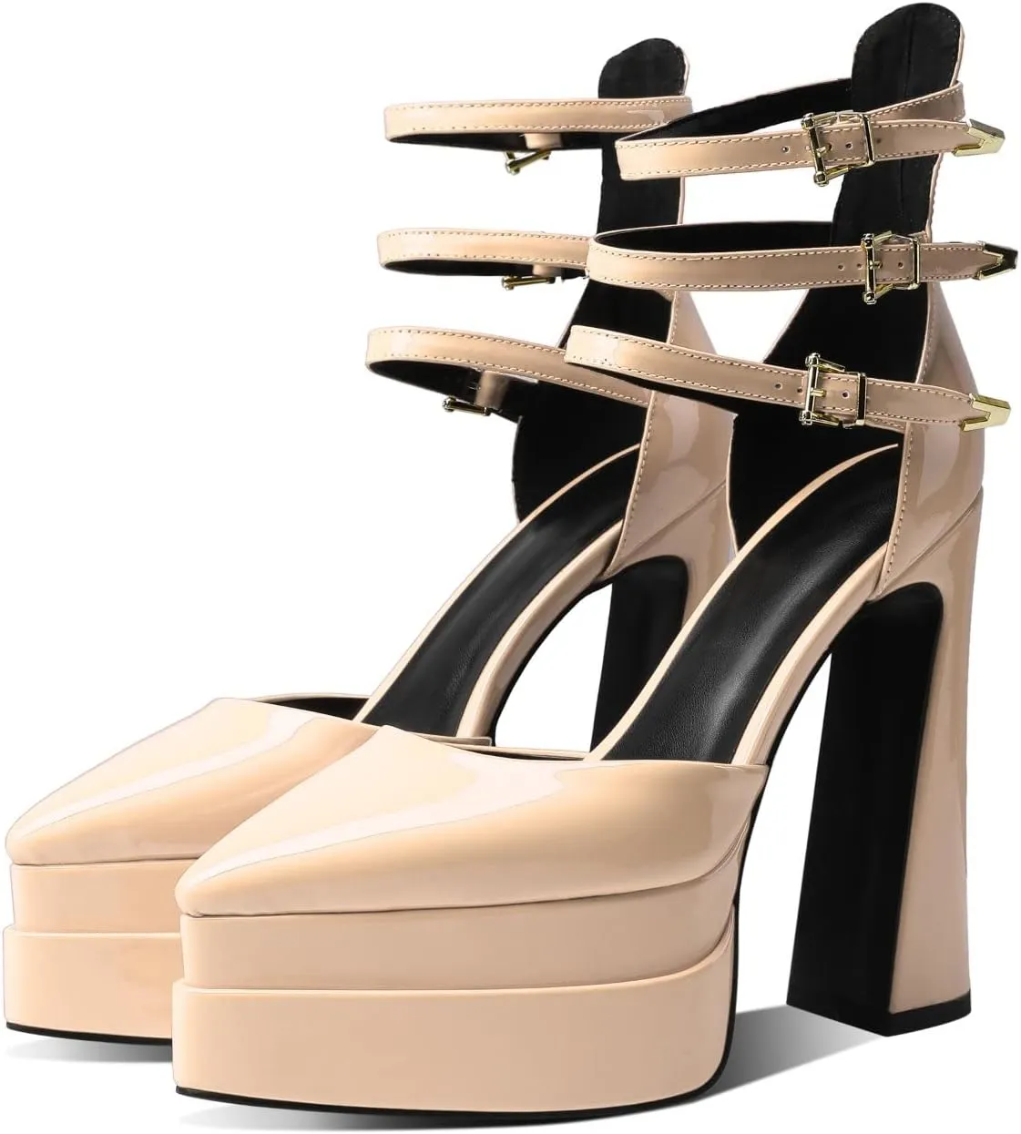 THESHY Womens Platform Chunky Heels Ankle Strap Chunky Block High Heel Pointed Toe Fashion Buckles Dress Pumps