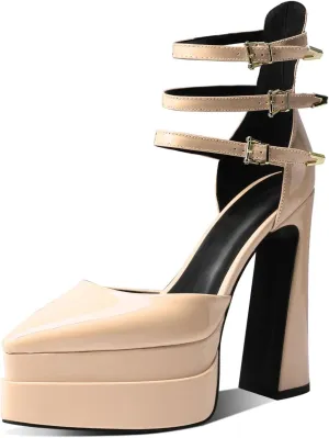 THESHY Womens Platform Chunky Heels Ankle Strap Chunky Block High Heel Pointed Toe Fashion Buckles Dress Pumps