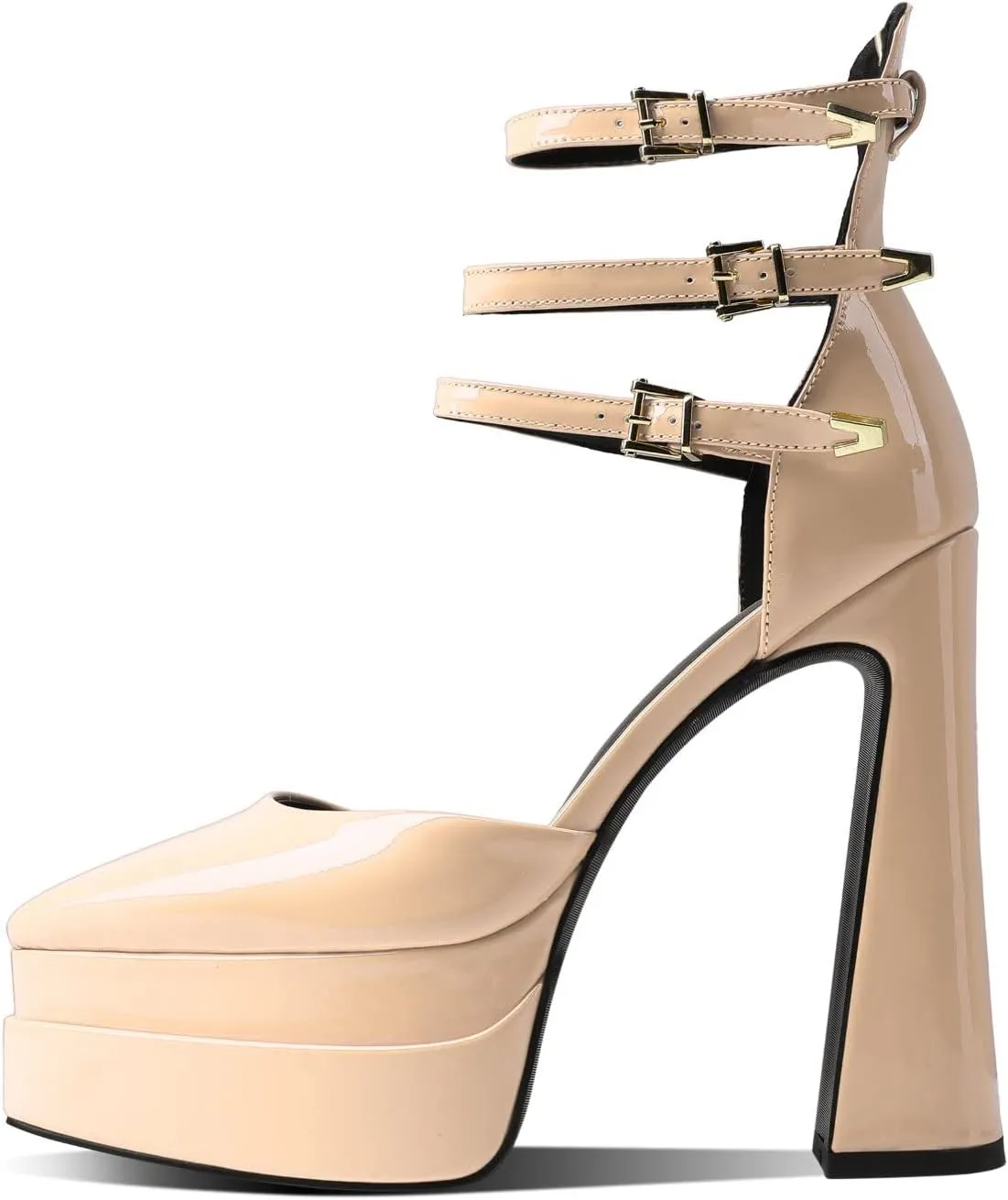 THESHY Womens Platform Chunky Heels Ankle Strap Chunky Block High Heel Pointed Toe Fashion Buckles Dress Pumps