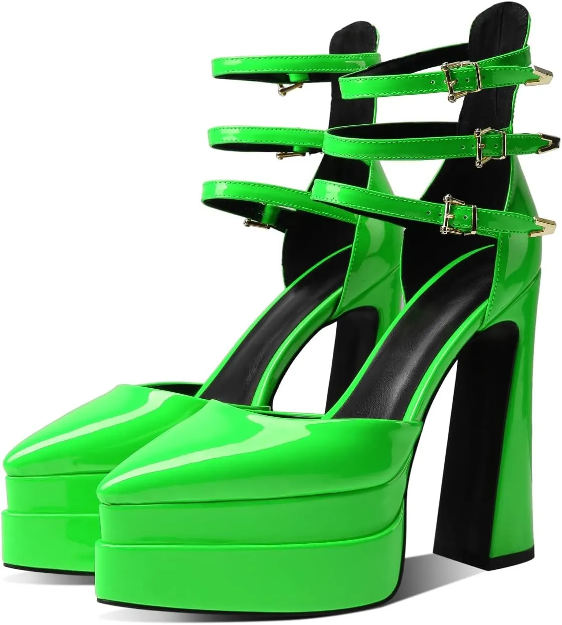 THESHY Womens Platform Chunky Heels Ankle Strap Chunky Block High Heel Pointed Toe Fashion Buckles Dress Pumps
