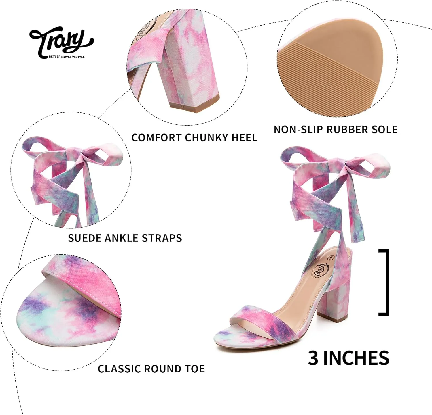 Trary Pink Purple Nude Red Black Heels for Women, Lace Up Chunky Heels for Women, Strappy Heels for Women Sandals, High Platform Stripper Heels, Comfortable Wide Width Tie Up Heels 3 Inch Open Toe