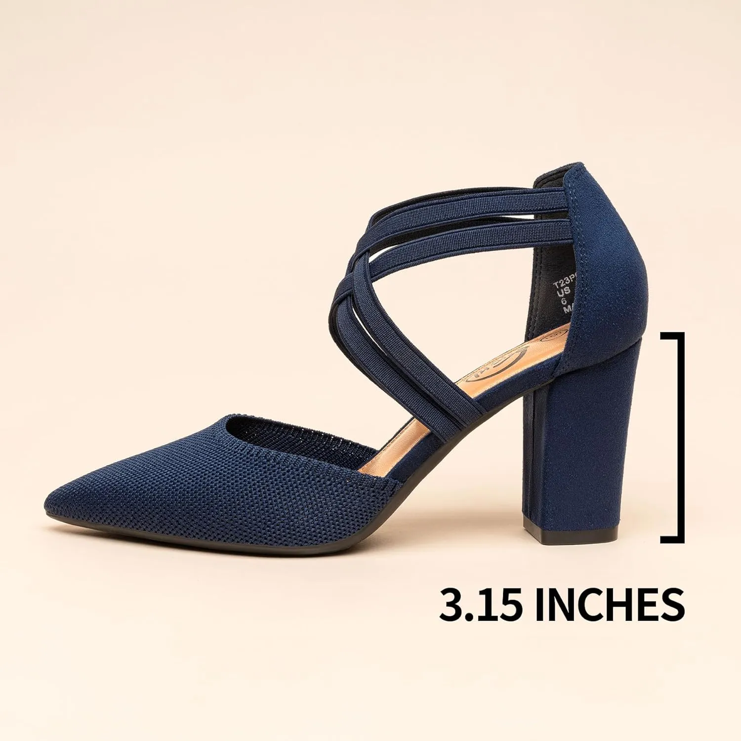 Trary Women's Low Heels Pumps Chunky Closed Pointed Toe Block Heels for Women Dress Shoes Elastic Crisscross Strappy 3.5 Inch Comfortable for Wedding Bridal Prom