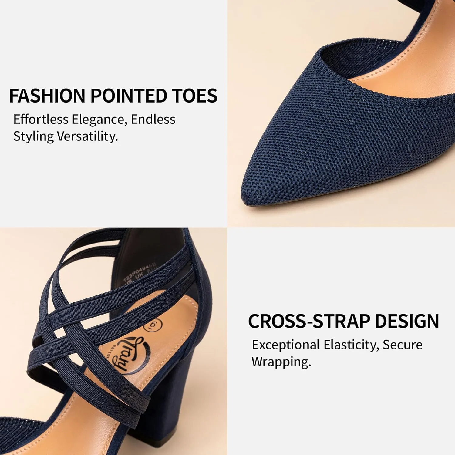 Trary Women's Low Heels Pumps Chunky Closed Pointed Toe Block Heels for Women Dress Shoes Elastic Crisscross Strappy 3.5 Inch Comfortable for Wedding Bridal Prom