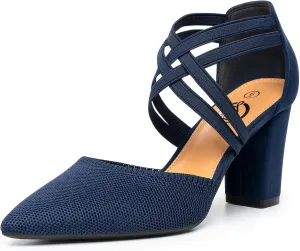 Trary Women's Low Heels Pumps Chunky Closed Pointed Toe Block Heels for Women Dress Shoes Elastic Crisscross Strappy 3.5 Inch Comfortable for Wedding Bridal Prom