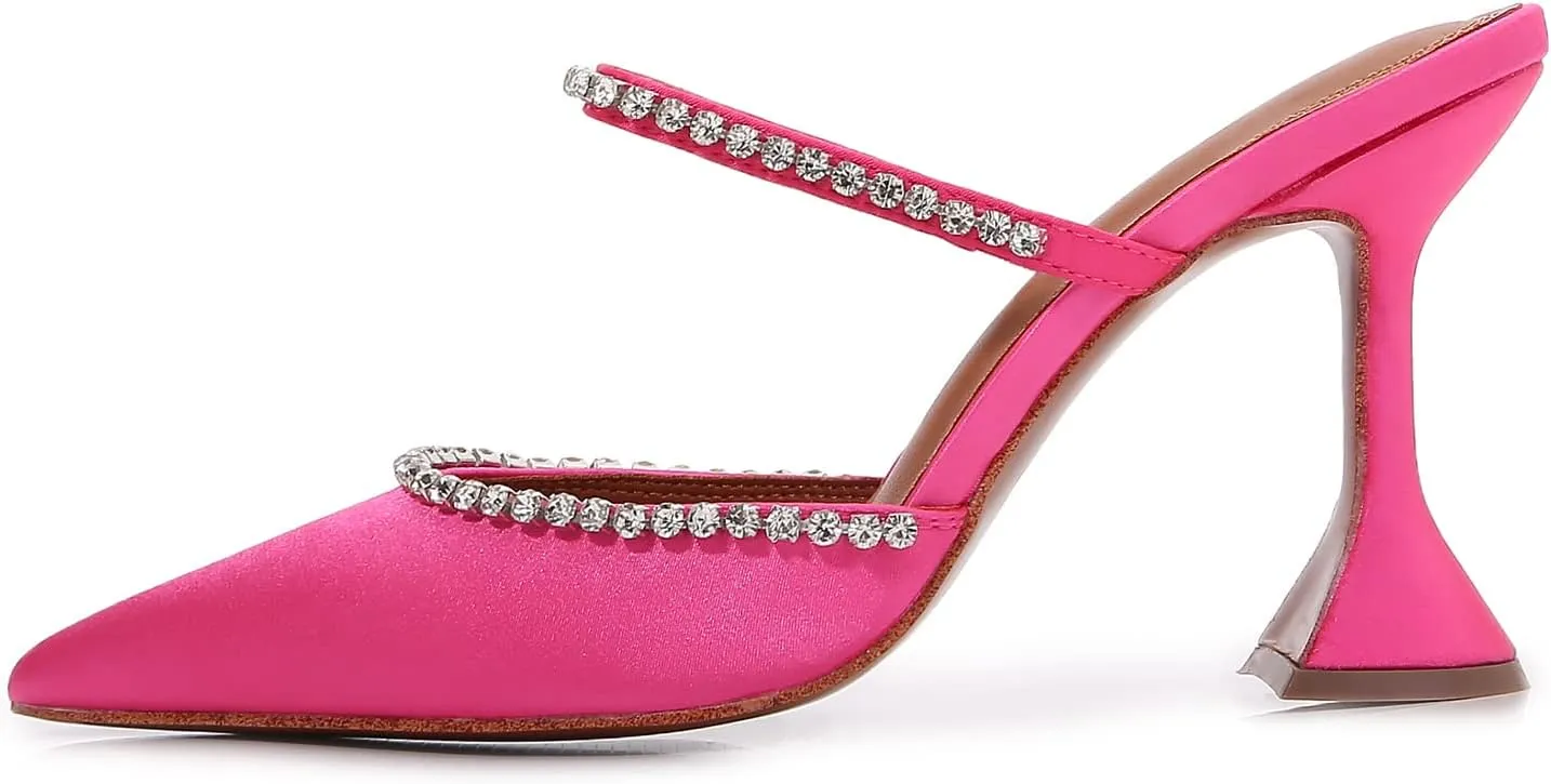 Vertundy Women's Mule Heels Rhinestones Strappy Stiletto Slide Pumps Slip On Sexy High Heels Sandals Closed Pointed Toe Backless Dressy Wedding Party Summer Shoes