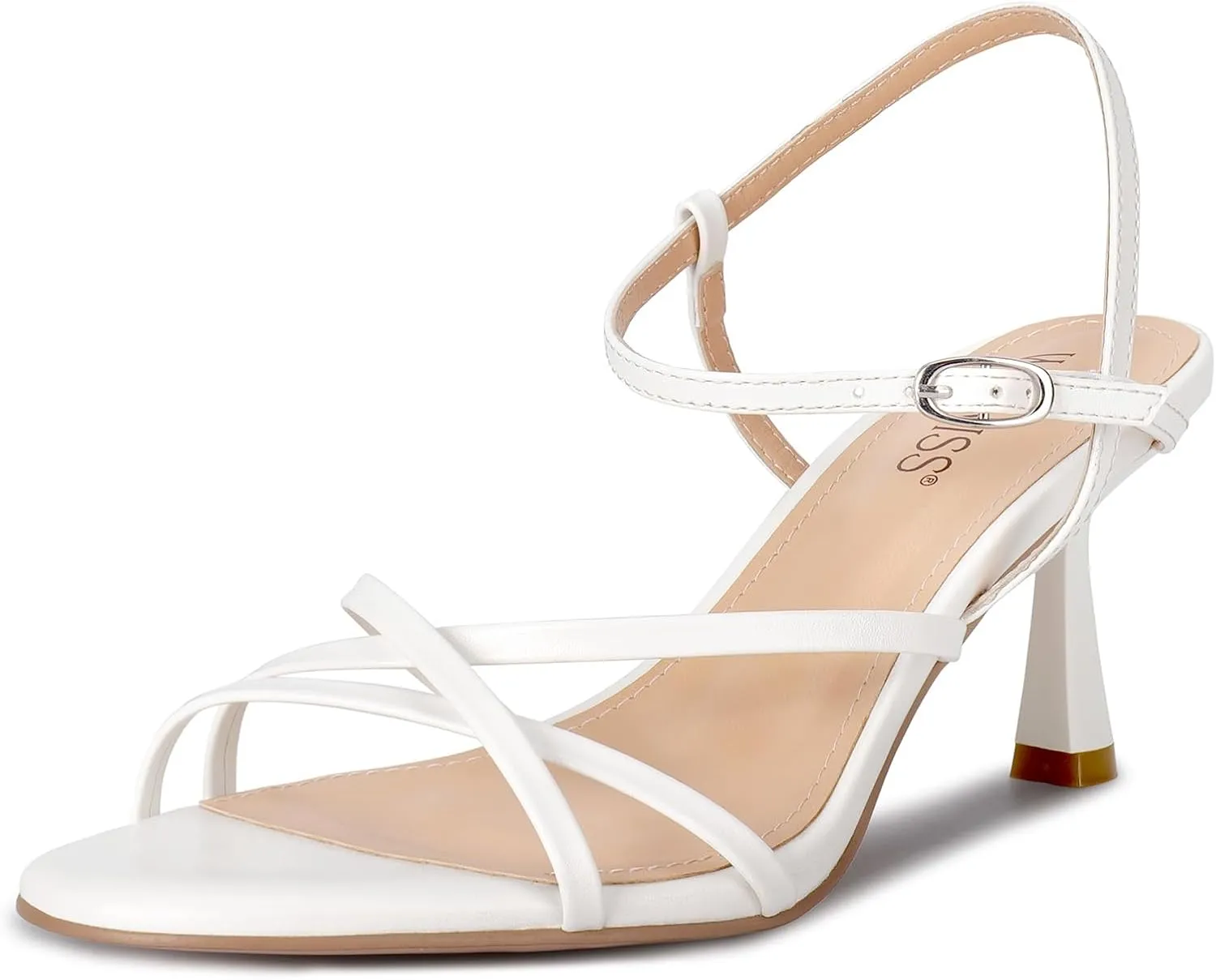 wetkiss White Kitten Heels Women Strappy Low Kitten Heels Comfy Sandals Round Open Toe for Going Out Dressy Dancing Adjustable Ankle Strap, White, Size 8.5
