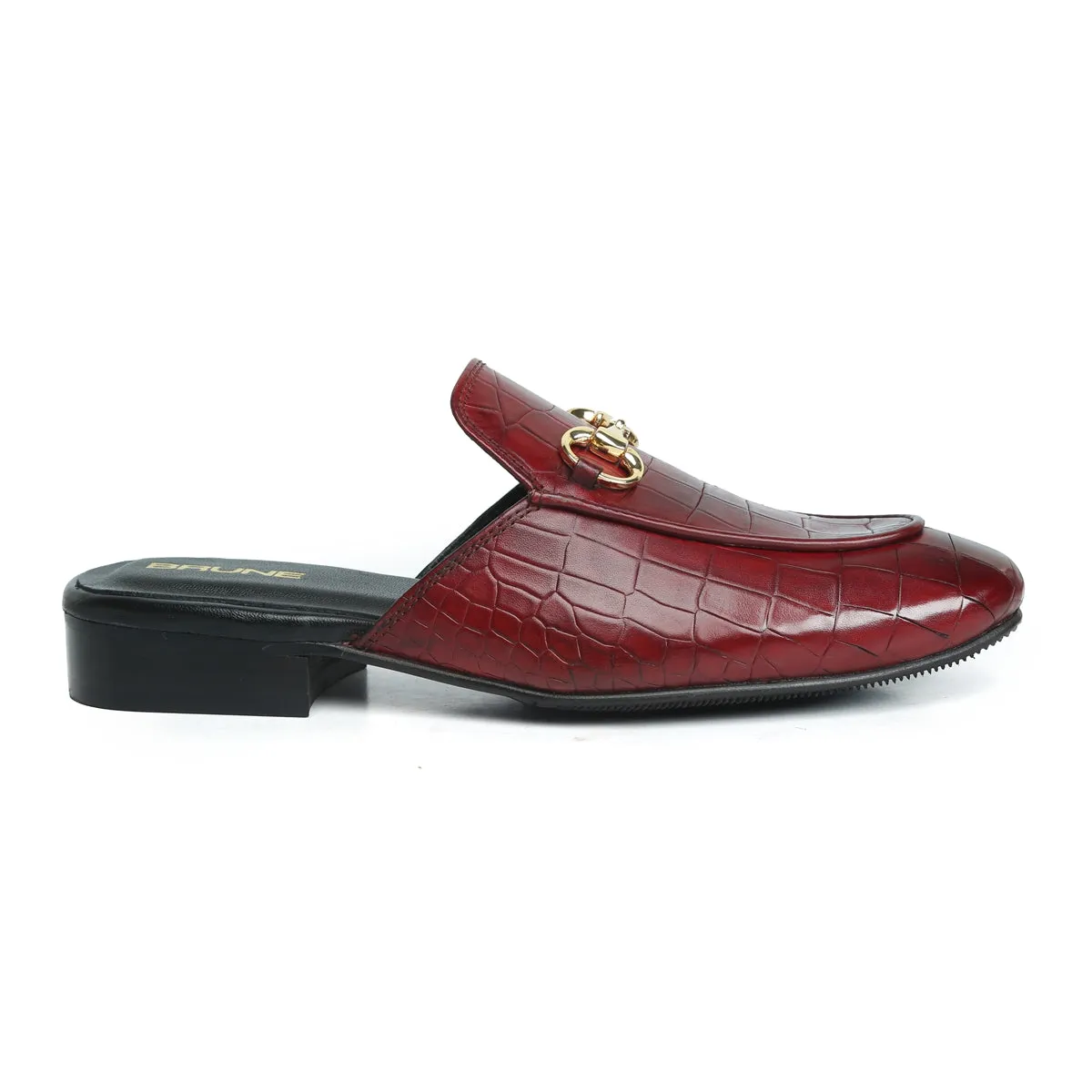 Wine Horse-bit Detailing Mules in Deep Cut Croco Textured Leather