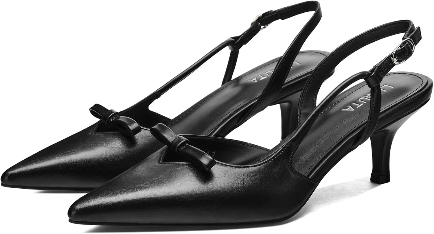 Women's Bow Slingback Kitten Heels Closed Pointed Toe Pumps Low Heel with Buckle Heels Dress Shoes for Dating Party Working