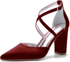 Women's Cross Strappy White Wedding Shoes for Bride High Heels Pointed Toe Bridal Shoes Satin Block Heels Prom Party Dress Pumps Sandals