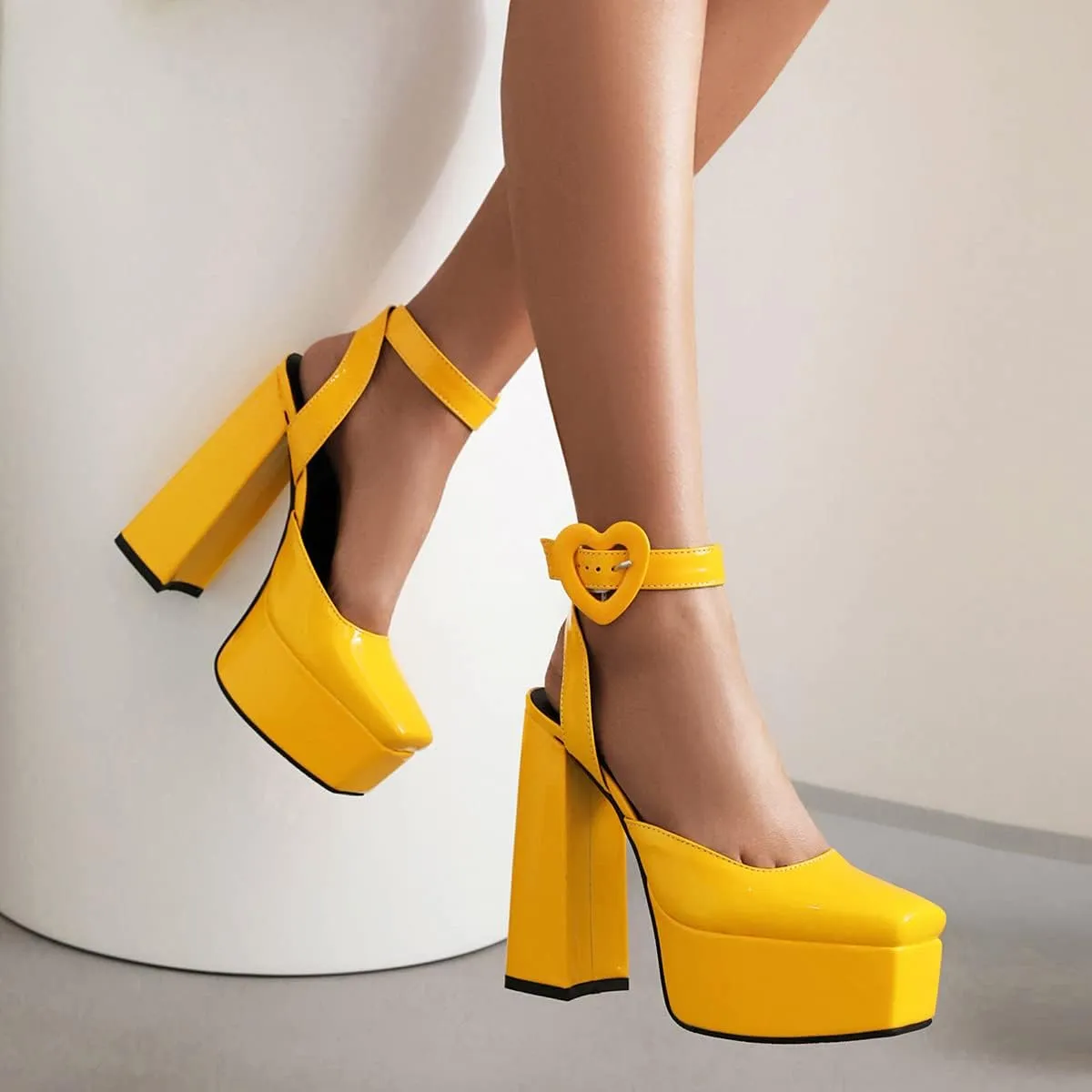 Women's Cute Heart Platform Heels Pumps Block Heel Flatform Shoes Ankle Strap Buckles Dress Pumps