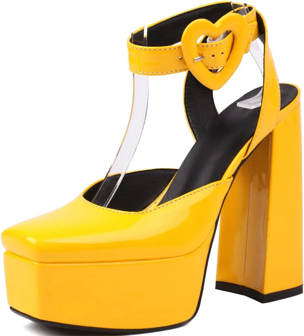Women's Cute Heart Platform Heels Pumps Block Heel Flatform Shoes Ankle Strap Buckles Dress Pumps