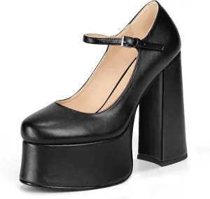 Women's Dressy Platform Chunky High Heels Patent Leather Ankle Strap Closed Toe Heeled Mary Jane Pumps Shoes