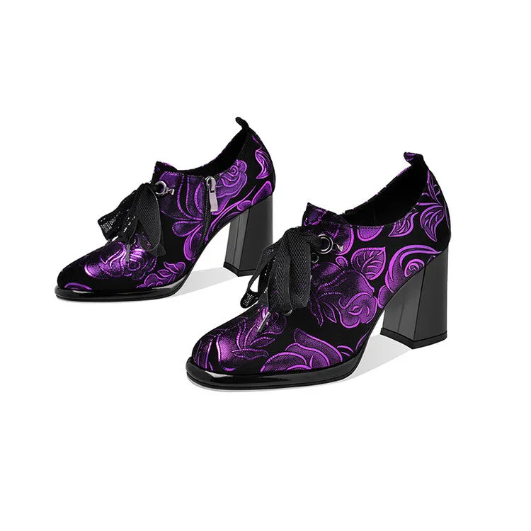 Women's Floral Print Sheepskin Block Heel Pumps Y2712