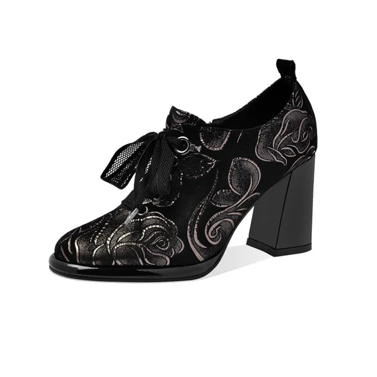 Women's Floral Print Sheepskin Block Heel Pumps Y2712