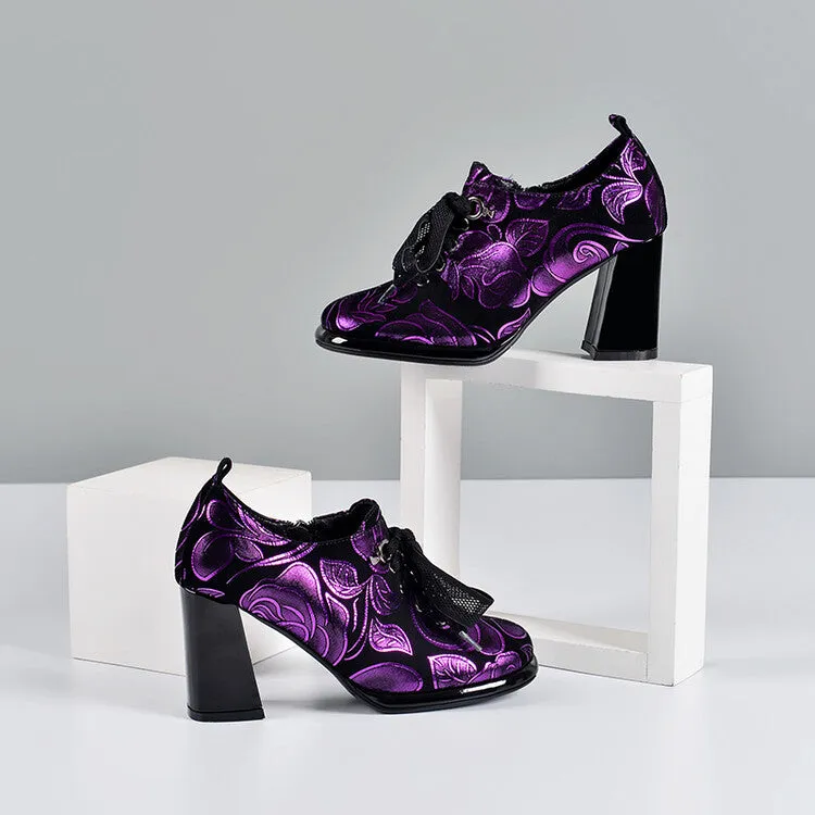 Women's Floral Print Sheepskin Block Heel Pumps Y2712