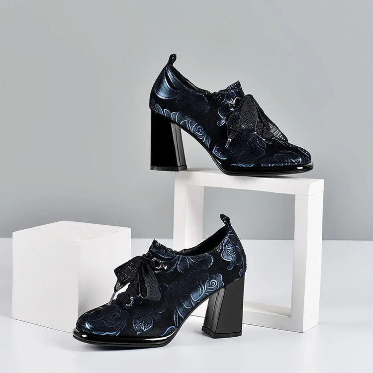 Women's Floral Print Sheepskin Block Heel Pumps Y2712